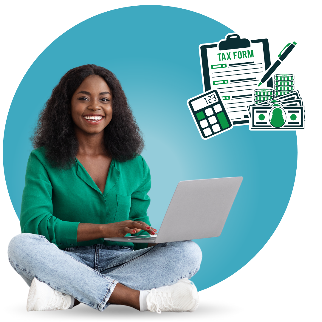 woman with laptop and an icon of clipboard and calculator