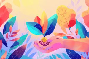 A hand holding a coin with a plant growing out of it. Suitable for financial growth concepts.